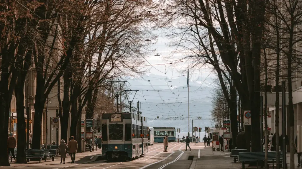 Tramvaja satiksme uz pilsētas ielas ar kokiem un ezeru fonā, pilsētas vides attēls.