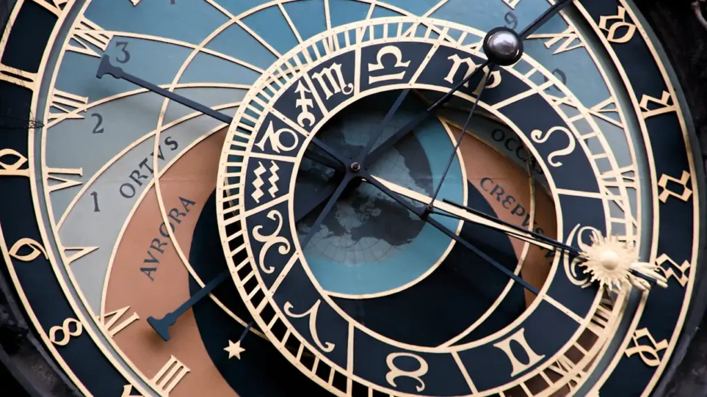 Prāgas astronomiskais pulkstenis ar detalizētām zodiaka zīmēm un sarežģītiem mehānismiem uz ciparnīcas.